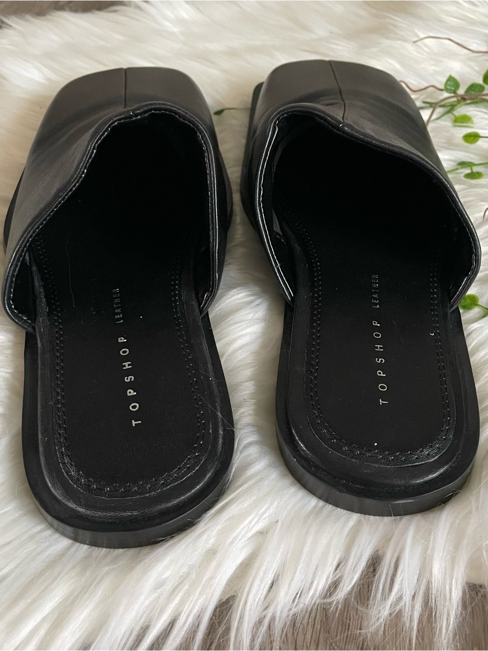 Topshop Cici Black Leather Square Toe Flat Mules Women Size 8 - Picture 9 of 13